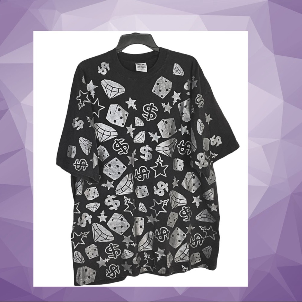 Super Heavy Weight Black w Shiny Shimmery Silver Designs Tshirt Men 2XLT